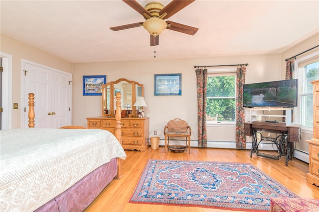 bedroom featuring ceiling fan and light hardwood / wood-style flooring