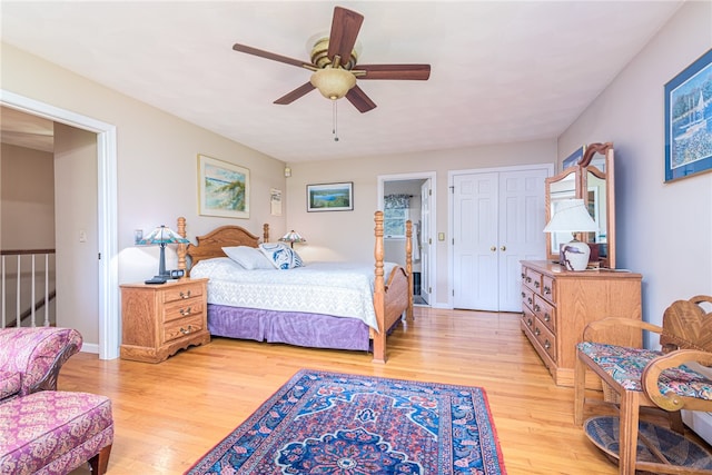 bedroom featuring ceiling fan and light wood-type flooring