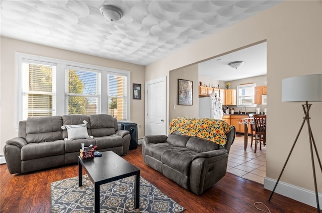 living room featuring sink, hardwood / wood-style flooring, and a healthy amount of sunlight