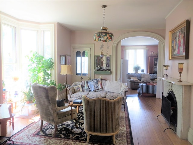 living room featuring a premium fireplace, crown molding, and dark hardwood / wood-style flooring