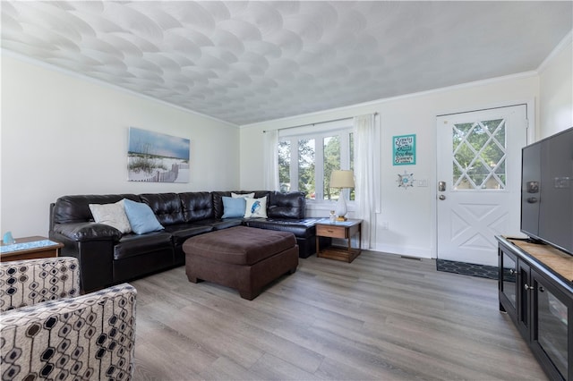 living room featuring ornamental molding and light hardwood / wood-style floors