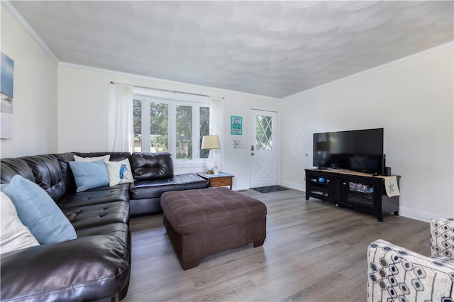 living room with ornamental molding and hardwood / wood-style floors