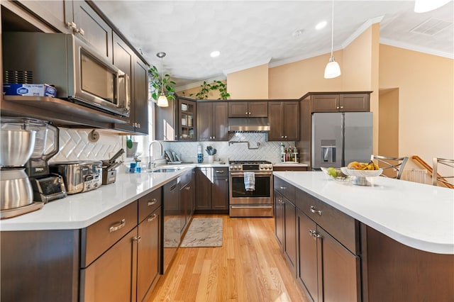 kitchen featuring lofted ceiling, decorative backsplash, stainless steel appliances, ornamental molding, and light wood-type flooring