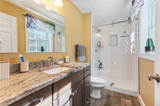 bathroom with a shower with door, vanity, wood-type flooring, and toilet