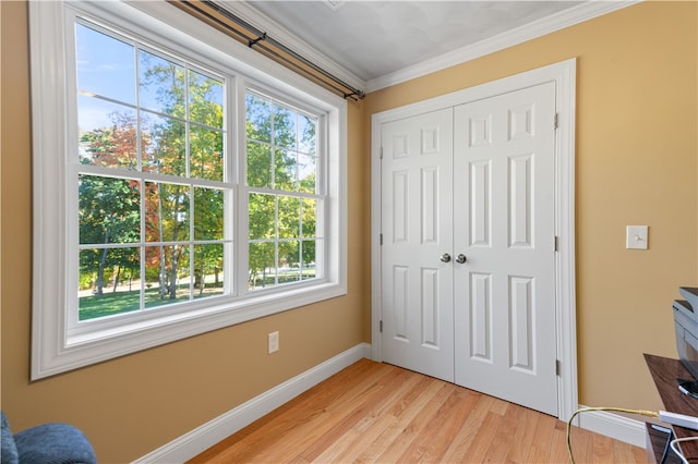 interior space featuring a closet, crown molding, and light hardwood / wood-style floors