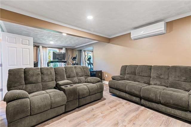 living room with an AC wall unit, ornamental molding, and light wood-type flooring