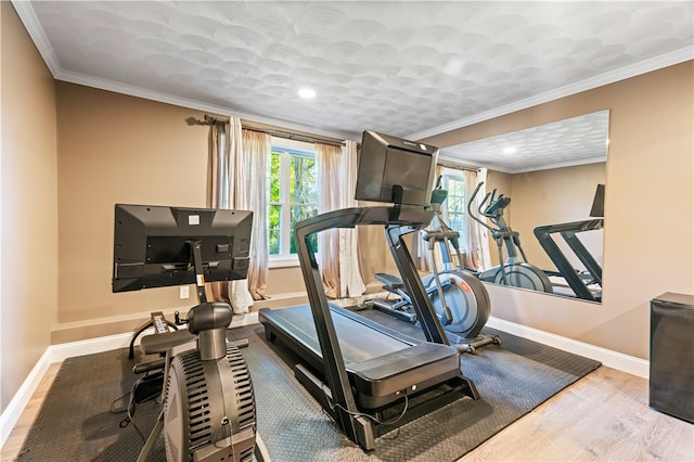 workout area featuring crown molding and hardwood / wood-style floors