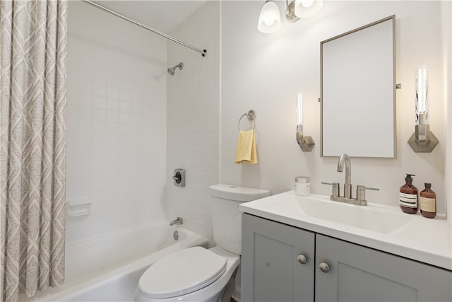 full bath with vanity, toilet, and shower / tub combo with curtain