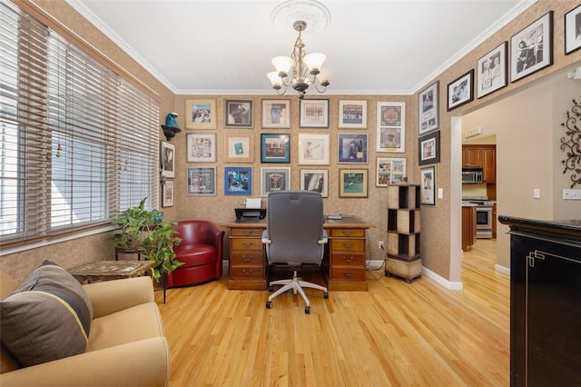 office area featuring light hardwood / wood-style floors, a chandelier, and crown molding