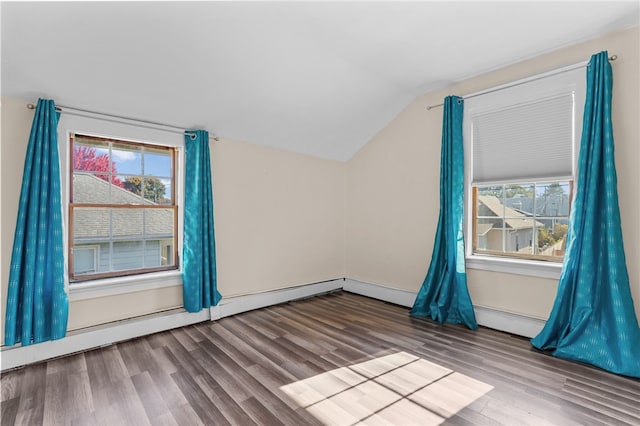 additional living space with a healthy amount of sunlight, wood-type flooring, and vaulted ceiling