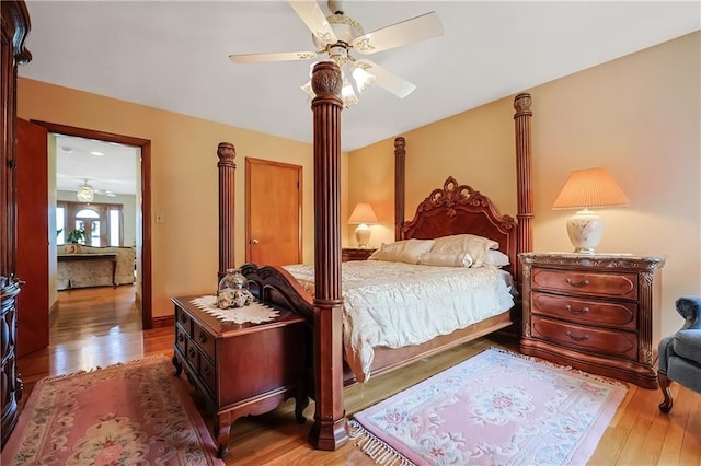 bedroom featuring wood-type flooring and ceiling fan