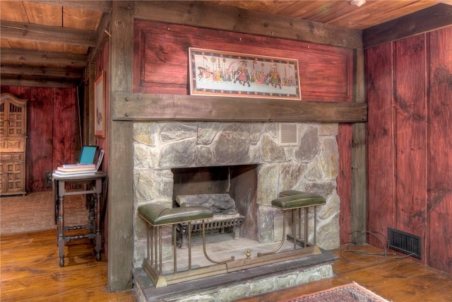 interior details featuring hardwood / wood-style floors, wooden ceiling, and wood walls