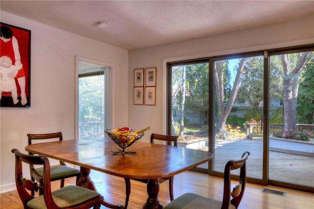 dining room featuring a textured ceiling and light hardwood / wood-style floors