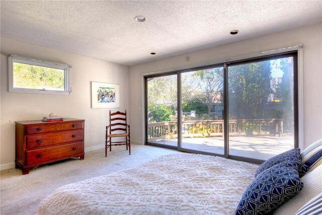 bedroom featuring a textured ceiling, carpet floors, and access to exterior