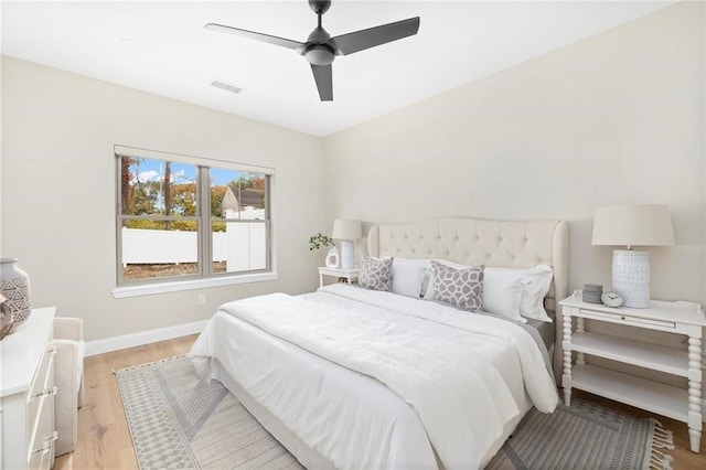 bedroom with light hardwood / wood-style floors and ceiling fan