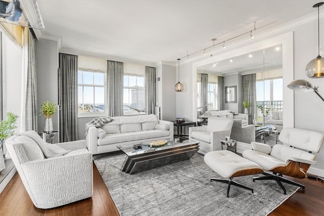 living room with a wealth of natural light, crown molding, and dark hardwood / wood-style floors