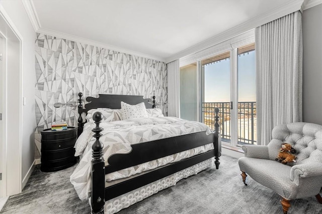 bedroom with access to outside and ornamental molding