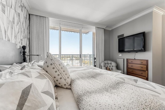 bedroom featuring access to outside, ornamental molding, and visible vents