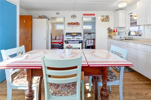 dining area with light hardwood / wood-style flooring, sink, and a wealth of natural light