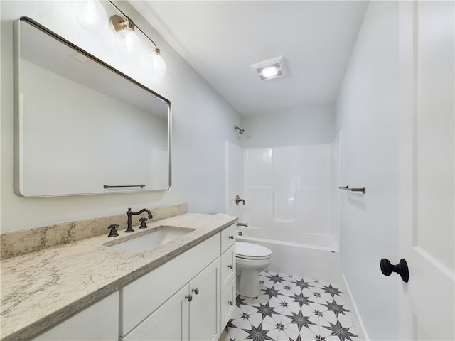 full bathroom featuring toilet, vanity, and bathing tub / shower combination