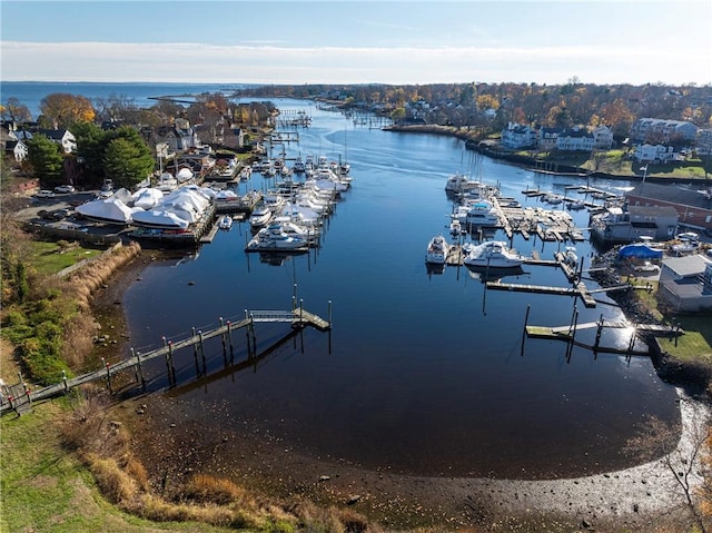 drone / aerial view featuring a water view