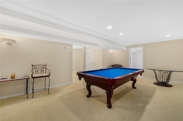 playroom featuring light carpet and billiards