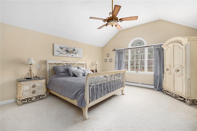 carpeted bedroom featuring baseboard heating, vaulted ceiling, and ceiling fan