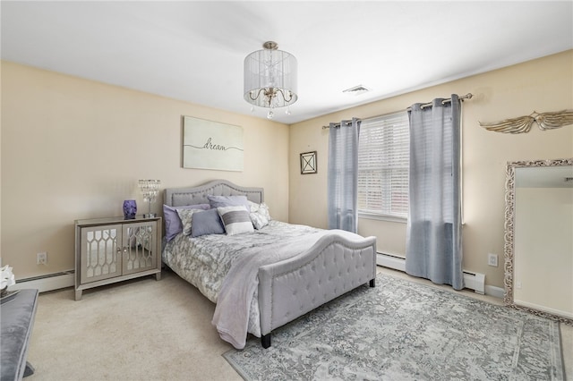 bedroom with baseboard heating, a notable chandelier, and carpet flooring