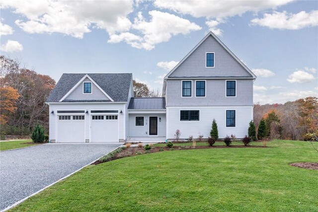 416 Bridgetown Rd, South Kingstown, RI 02874 - traditional-style home featuring a garage, aphalt driveway, a front yard, and a standing seam roof