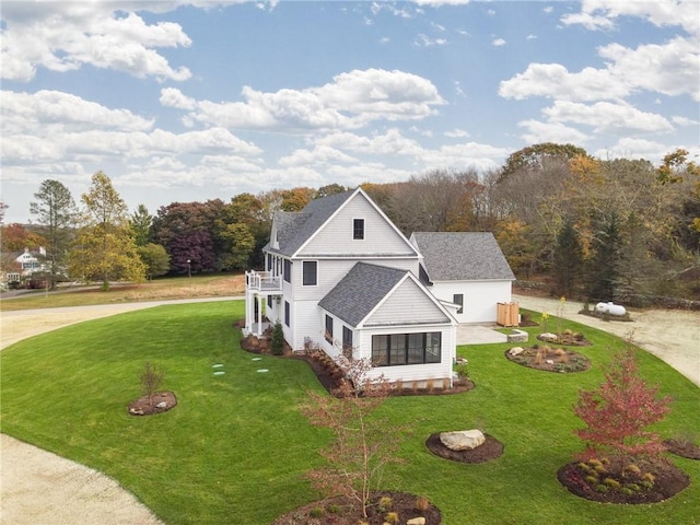 416 Bridgetown Rd, South Kingstown, RI 02874 - exterior space featuring a lawn, a balcony, and roof with shingles