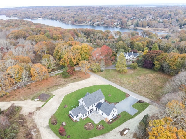 drone / aerial view featuring a water view