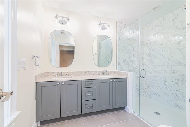 416 Bridgetown Rd, South Kingstown, RI 02874 - bathroom with a sink, tile patterned floors, a stall shower, and double vanity