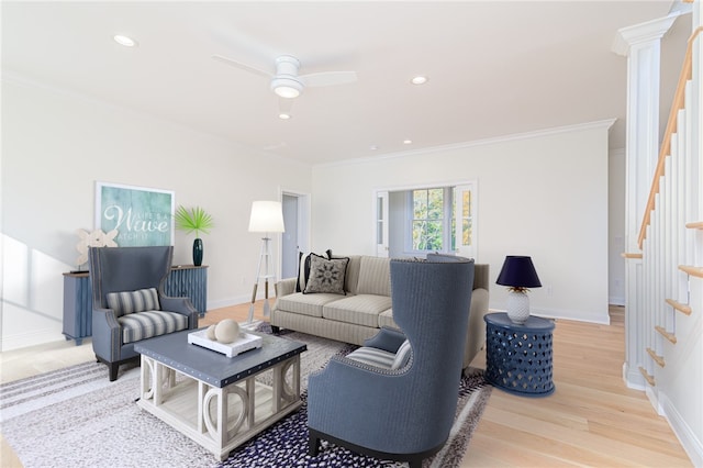 416 Bridgetown Rd, South Kingstown, RI 02874 - living room with crown molding, stairway, baseboards, light wood finished floors, and recessed lighting