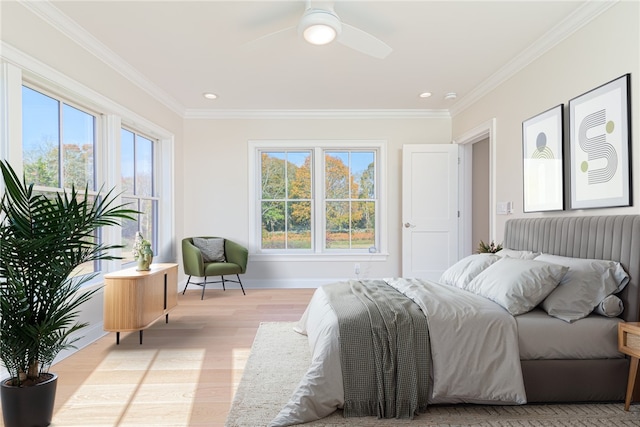 416 Bridgetown Rd, South Kingstown, RI 02874 - bedroom with crown molding, ceiling fan, light wood finished floors, recessed lighting, and baseboards