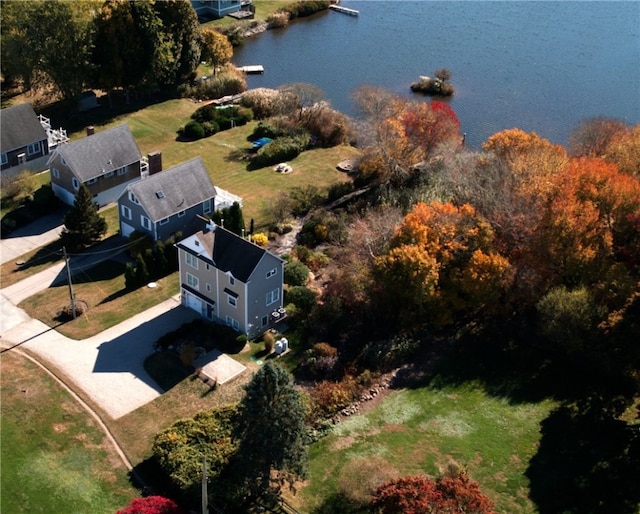 drone / aerial view with a water view