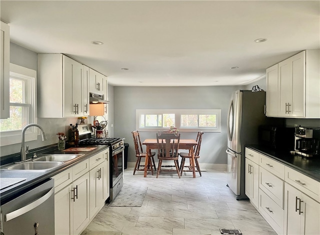 kitchen with sink, white cabinets, decorative backsplash, and stainless steel appliances