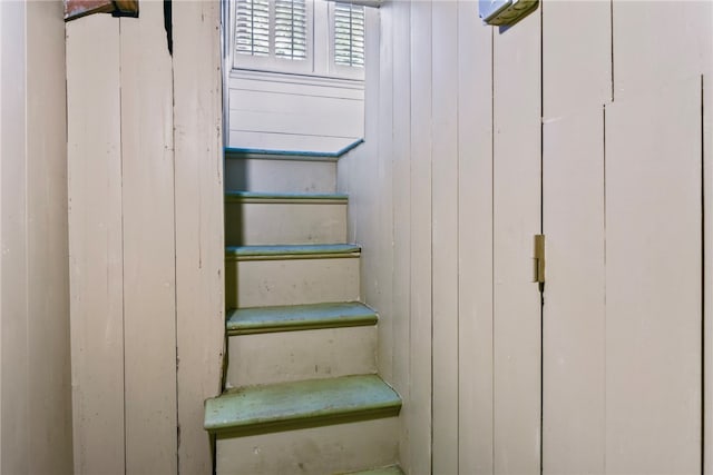 staircase with wooden walls