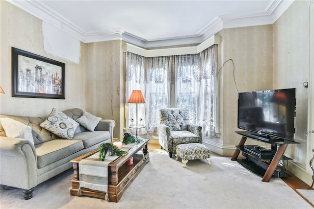 living room with ornamental molding and carpet