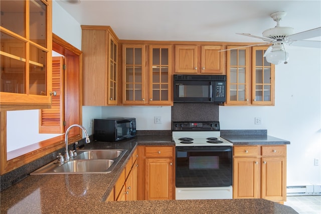 kitchen with baseboard heating, sink, white range with electric cooktop, ceiling fan, and tasteful backsplash