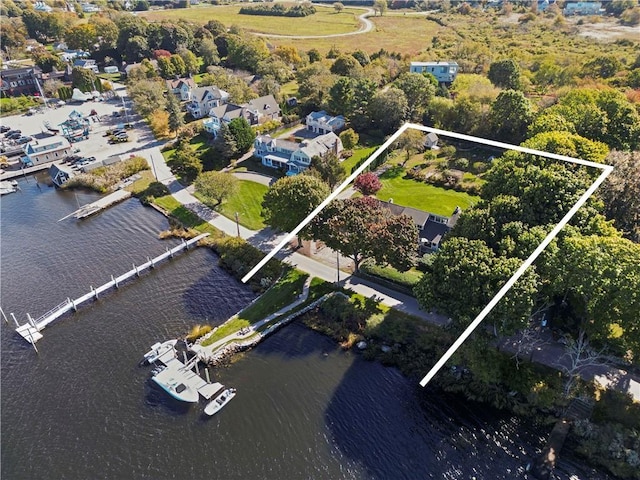60 Avondale Rd, Westerly, RI 02891 - aerial view of property and surrounding area featuring property boundaries highlighted and a large body of water