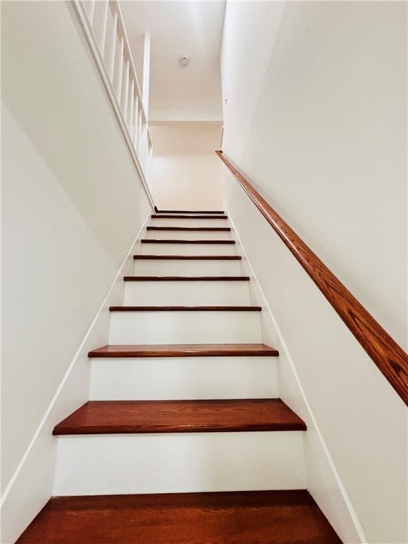 staircase with hardwood / wood-style flooring