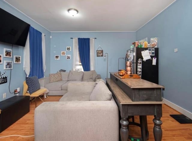 living room featuring hardwood / wood-style floors and ornamental molding