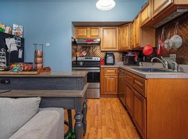 kitchen with decorative backsplash, appliances with stainless steel finishes, sink, and light hardwood / wood-style floors