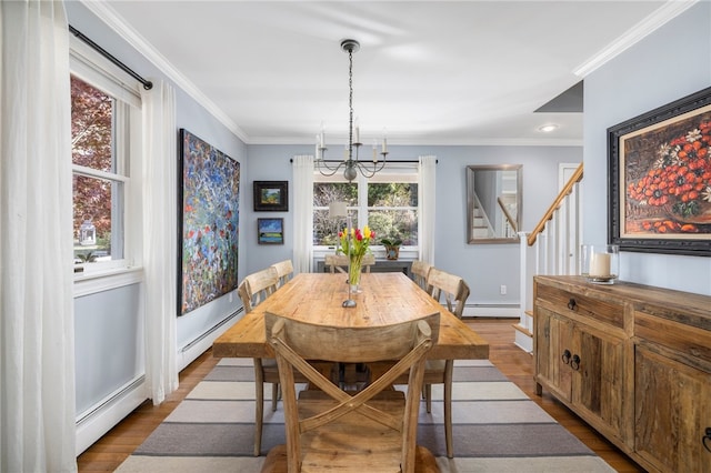 dining room with ornamental molding, hardwood / wood-style flooring, a healthy amount of sunlight, and a baseboard radiator