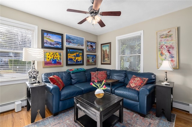 living room featuring hardwood / wood-style floors, ceiling fan, and baseboard heating