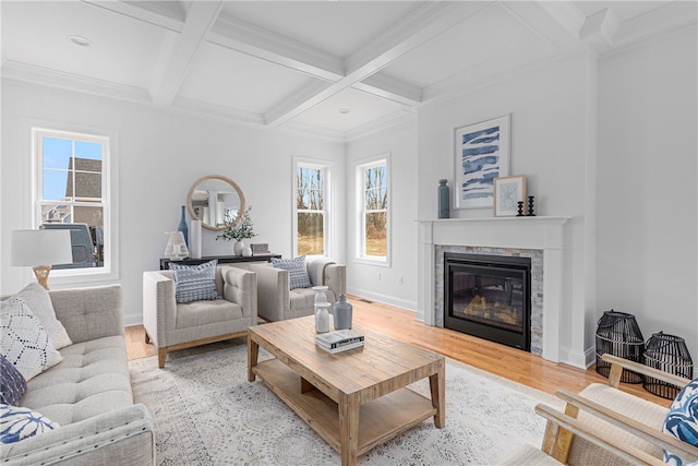 living room with wood-type flooring, beam ceiling, crown molding, and coffered ceiling