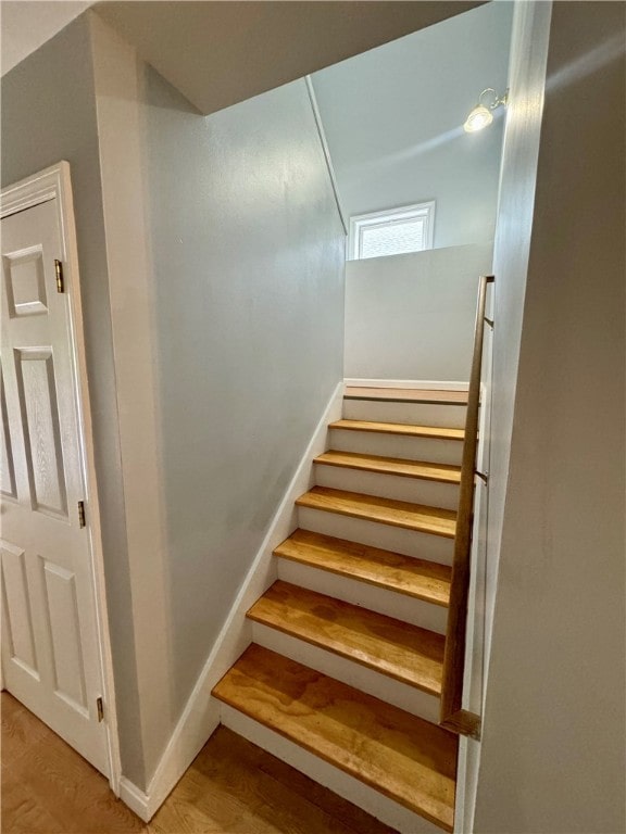 staircase with hardwood / wood-style floors