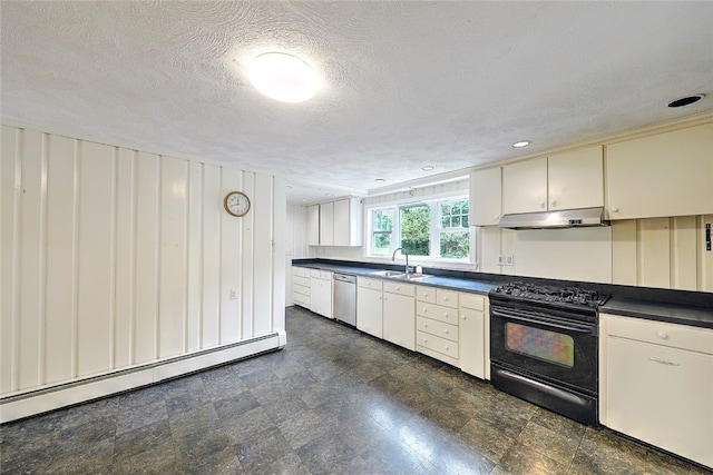 kitchen with black electric range, a textured ceiling, baseboard heating, and dishwasher