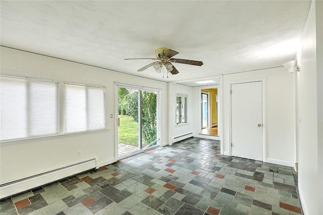 interior space featuring baseboard heating and ceiling fan