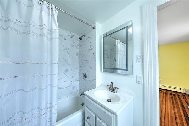 bathroom featuring baseboard heating, vanity, shower / bathtub combination with curtain, and wood-type flooring